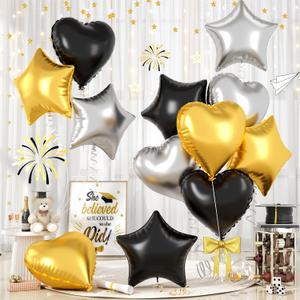 2 x Heart Balloons, Black Gold Silver Star Balloons Foil for Disco New Year, 12 Count