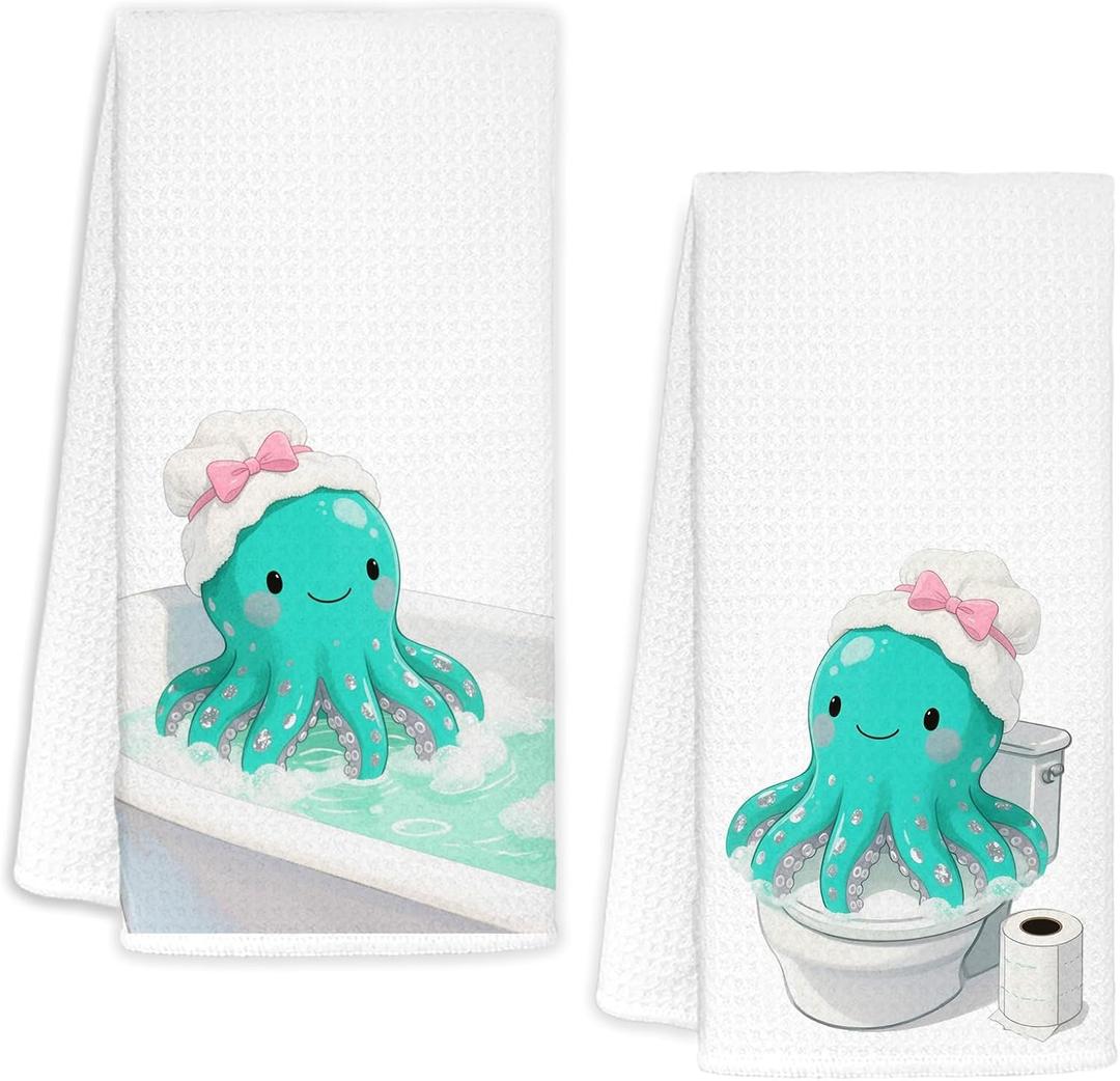 Octopus Bathroom Hand Towels Set of 2, Octopus Kids Bathroom Decor, Funny Cute Coastal Ocean Animal Beach Hand Towels for Kids Bath Room Washroom Toilet, 16x24 Inch