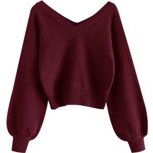 ZAFUL Women's Raglan Long Sleeve Double Side V Neck Short Crop Sweater Casual Loose Fit Knit Top Sweaters (Red)