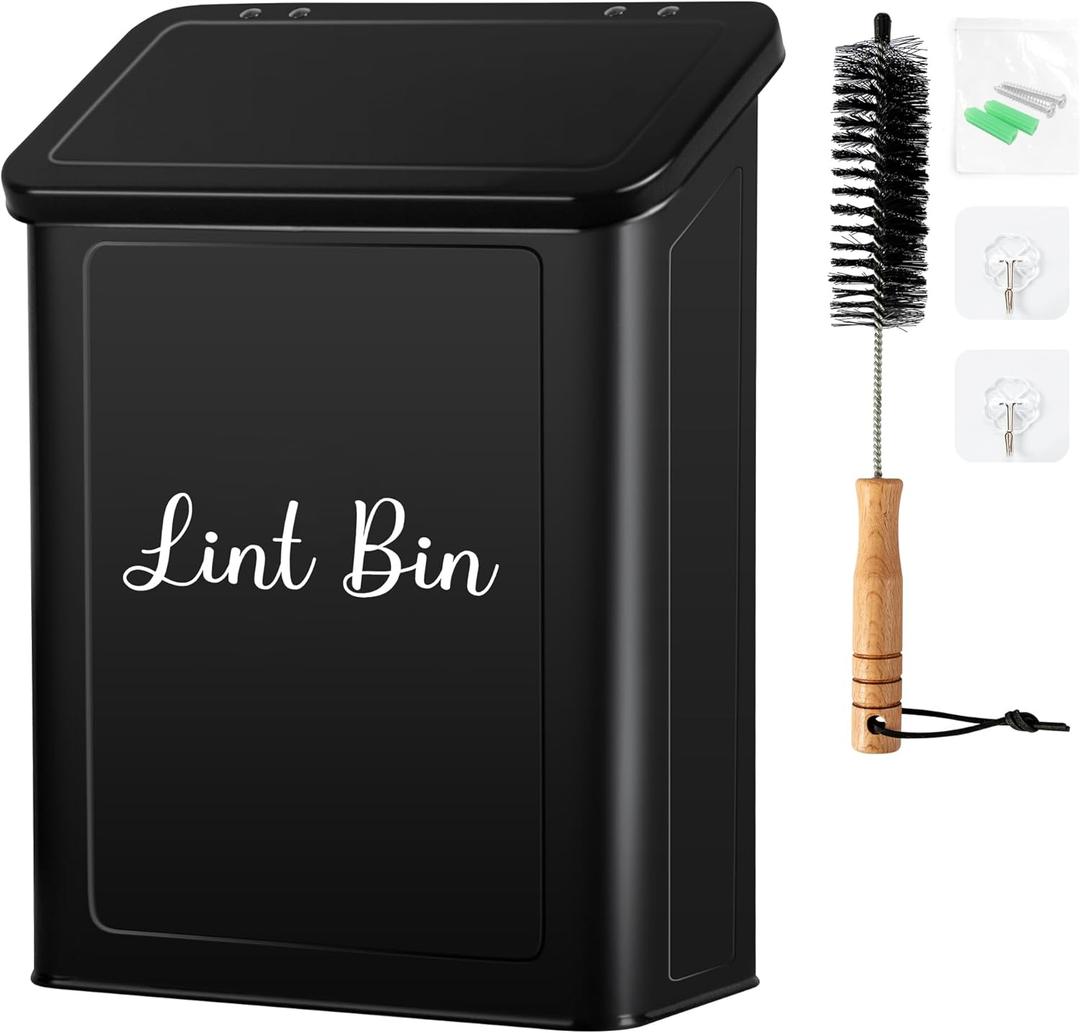 Metal Magnetic Lint Bin for Laundry Room, Wall Mounted Laundry Lint Bin with Lid & Lint Brush, Modern Farmhouse Laundry Room Decor (Pattern 1, Black)