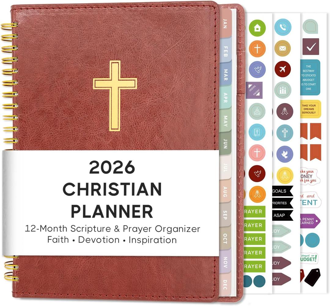 2026 Christian Planner, Bible Planner & Prayer Journal A5 Spiral Bound, Weekly & Monthly Faith Planning for Women & Men (Brown)