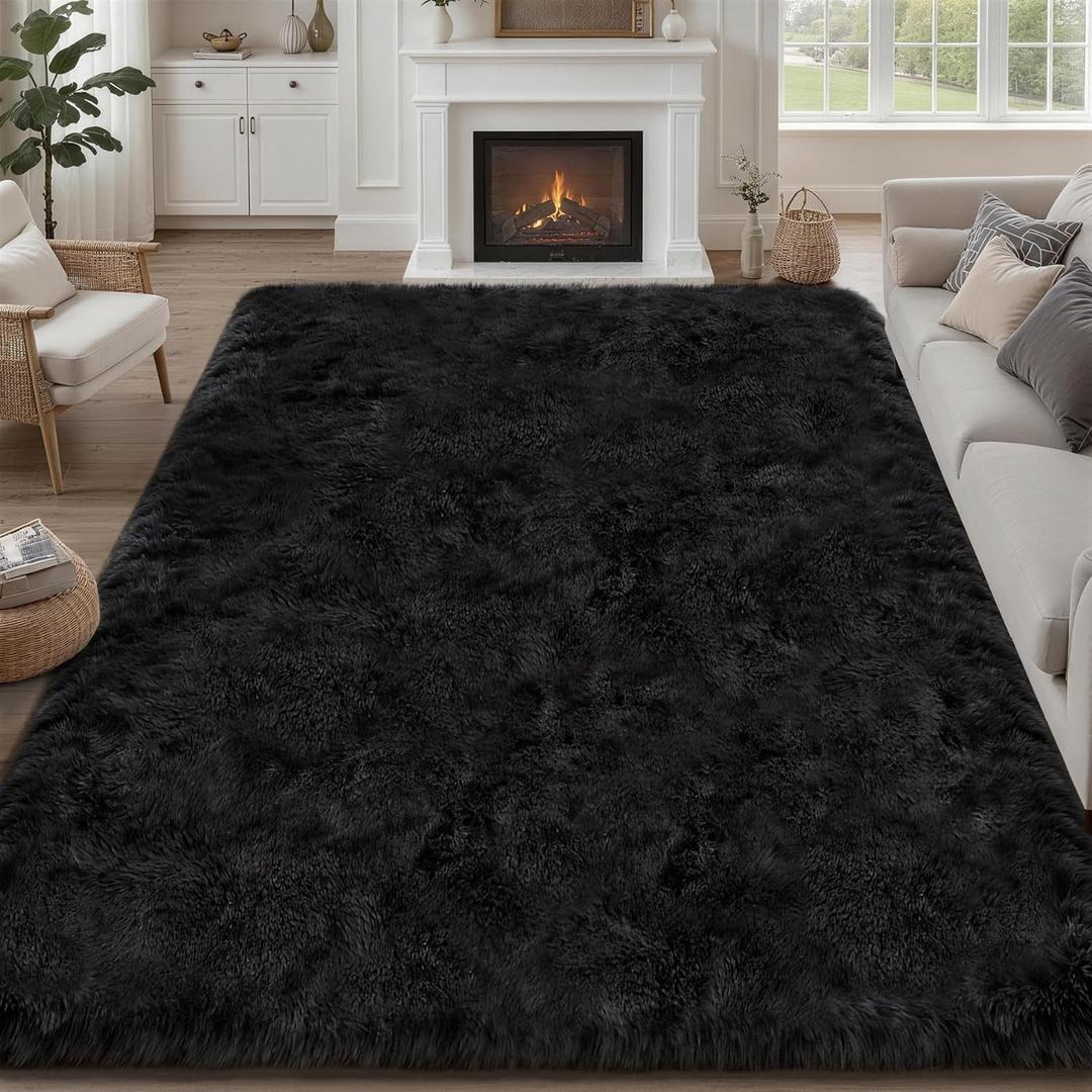 Fluffy Area Rugs 9x12 Living Room Bedroom: Ultra Soft Shag Rug Upgrade Non-Slip Non-Shedding Large Fuzzy Plush Carpet Indoor Floor Carpets for Kids Room Playroom Nursery Dorms Home Decor, Black