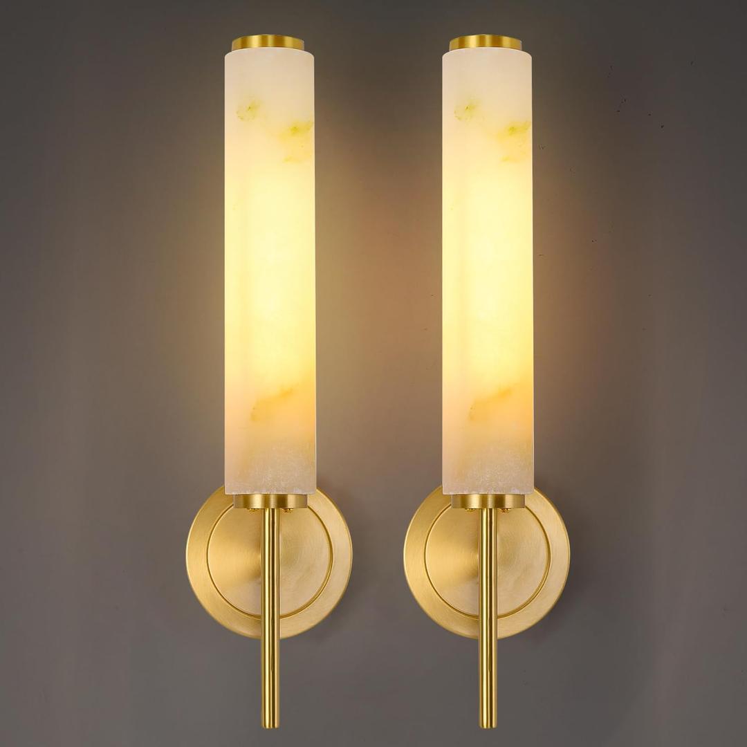 Modern Brass Alabaster Wall Sconces Sets of Two,Handmade Modern Vanity Wall Sconce,Bathroom Living Room Bedroom Wall Lamps,Bedside,Hallway,Corridor,Stairs Wall Lights（Bulb Included）（2 Pack）