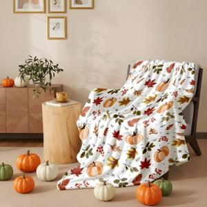 Autumn Harvest Flannel Throw Blanket  Fall Pumpkin and Leaf Pattern  Soft and Cozy Blanket for Sofa or Bed, W60 x L80in (White Leaves)