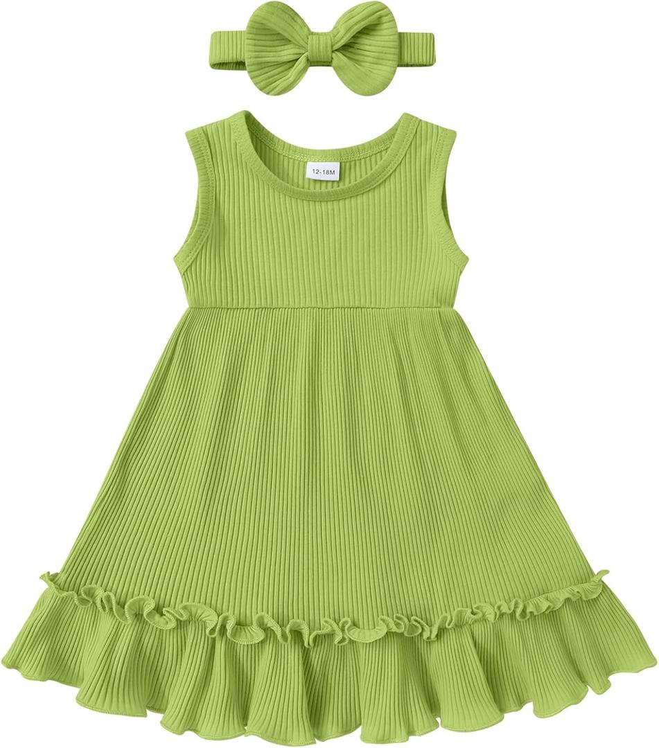 YOUNGER TREE Toddler Girl Summer Sundress Sleeveless Casual Dress Ruffle Hem Cotton Solid Outfits with Bowknot (Green)