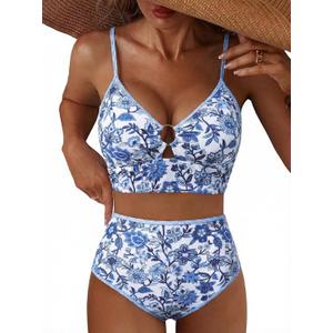 Herseas Women's O Ring Bikini Sets 2 Pieces Floral Print Swimsuits High Waisted Bathing Suits (Large)