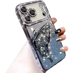 Changjia for iPhone 17 Pro Max Glitter 3D Butterfly Case,Cute Luxury Bling Sparkly Diamond Rhinestones Liquid Flowing Case with Camera Lens Protector Women Girls Cover for iPhone 17 Pro Max 6.9", Blue