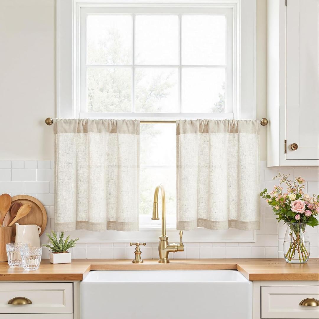 jinchan Kitchen Curtains Linen Tier Curtains 20 Inch Farmhouse Cafe Style Country Rustic Rod Pocket Light Filtering for Laundry Room Bathroom Sink RV Small Window 2 Panels Beige
