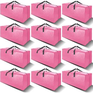 VELVETSURE 12 Pack Heavy Duty Large Moving Bags W/Backpack Straps - Strong Handles & Zippers, Storage Totes For Space Saving, Fold Flat, Alternative to Moving Box and Storage Bin, Pink