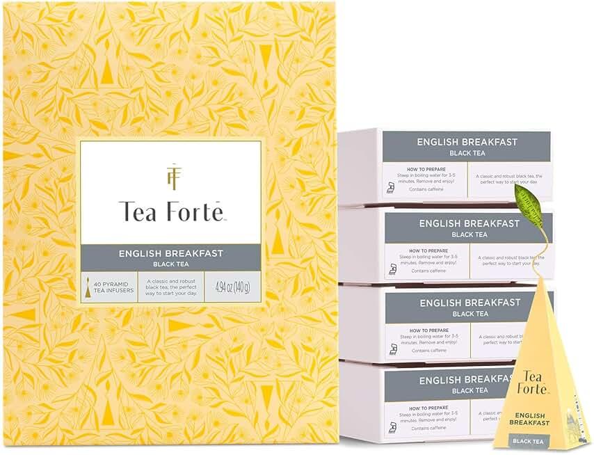 Tea Forte English Breakfast Premium Caffeinated Black Tea Blend Event Box, Bulk Pack 40 Count, 10 per tray Individually Wrapped Handcrafted Pyramid Infusers USDA Organic EXP. 10/03/2028