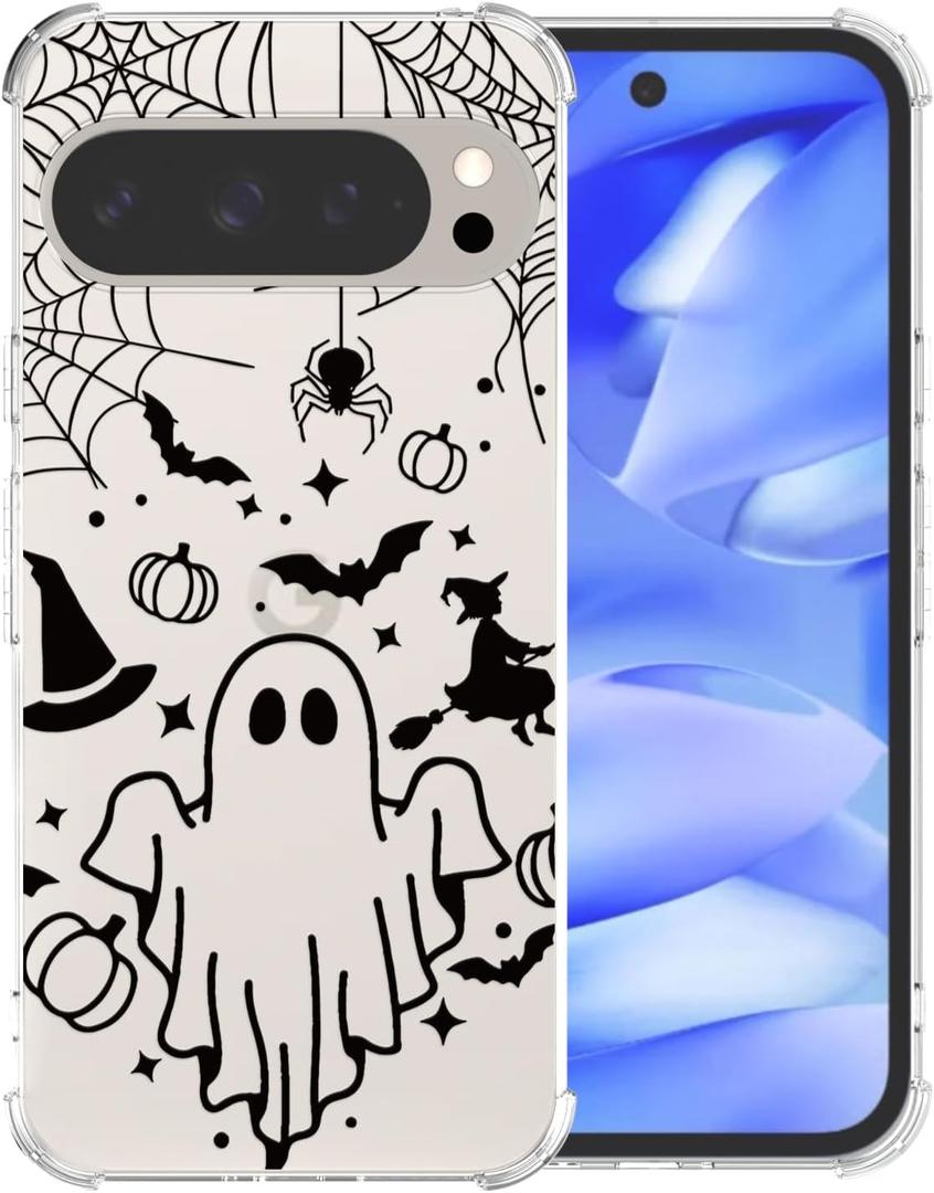 Clear Halloween Phone Case for Google Pixel 9 Pro XL,Black Ghost Pattern Cover Soft Bumper Protective Cute Boys Girls Phone Case for Google Pixel 9 Pro XL-Black Ghost