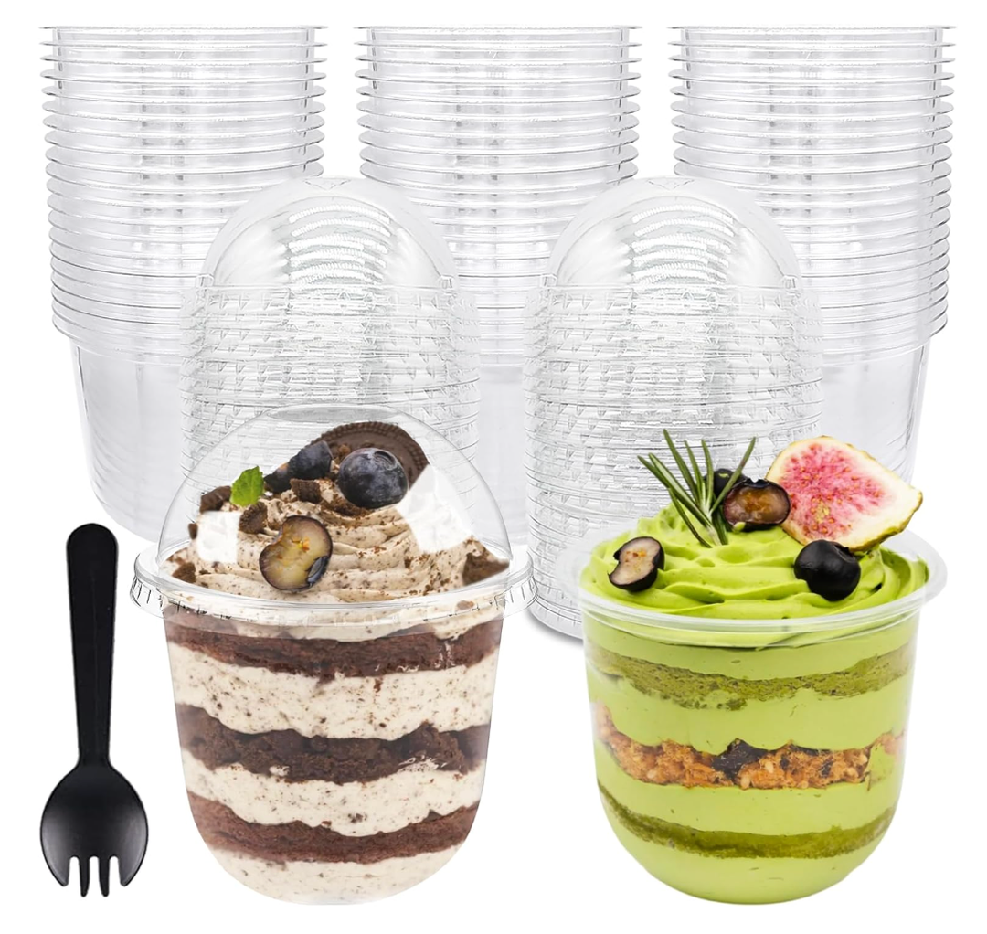 Jnnzzggu 100 Pack 12OZ Clear Plastic Cups with No Hole Dome Lids and Sporks,Disposable Dessert Cups,Yogurt Parfait Cup for Cupcake,Pudding,Iced Cold Drinks,Coffee,Juice,Snacks,Fruits,Ice Cream