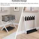 Smuxee White Bamboo Luggage Rack for Guest Room, Foldable Suitcase Stand with Storage Shelf, Easily Assembled Luggage Stand with 5 Nylon Straps for Guest Room Bedroom Hotel