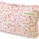 Aesthetic Makeup Bag Cotton, Quilted Floral Make up Bags, Travel Toiletry Bag Women, Daily Use Cosmetic Bags for Girls, Pink Makeup Bag for Purse, Cosmetics Organizer Pouch (Pink)
