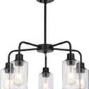5-Light Modern Black Chandelier with Clear Glass Shades, E26 Base Farmhouse Pendant Light Fixture, Adjustable Swivel Heads Ceiling Lighting, Industrial Chandelier for Dining Room Kitchen Hallway