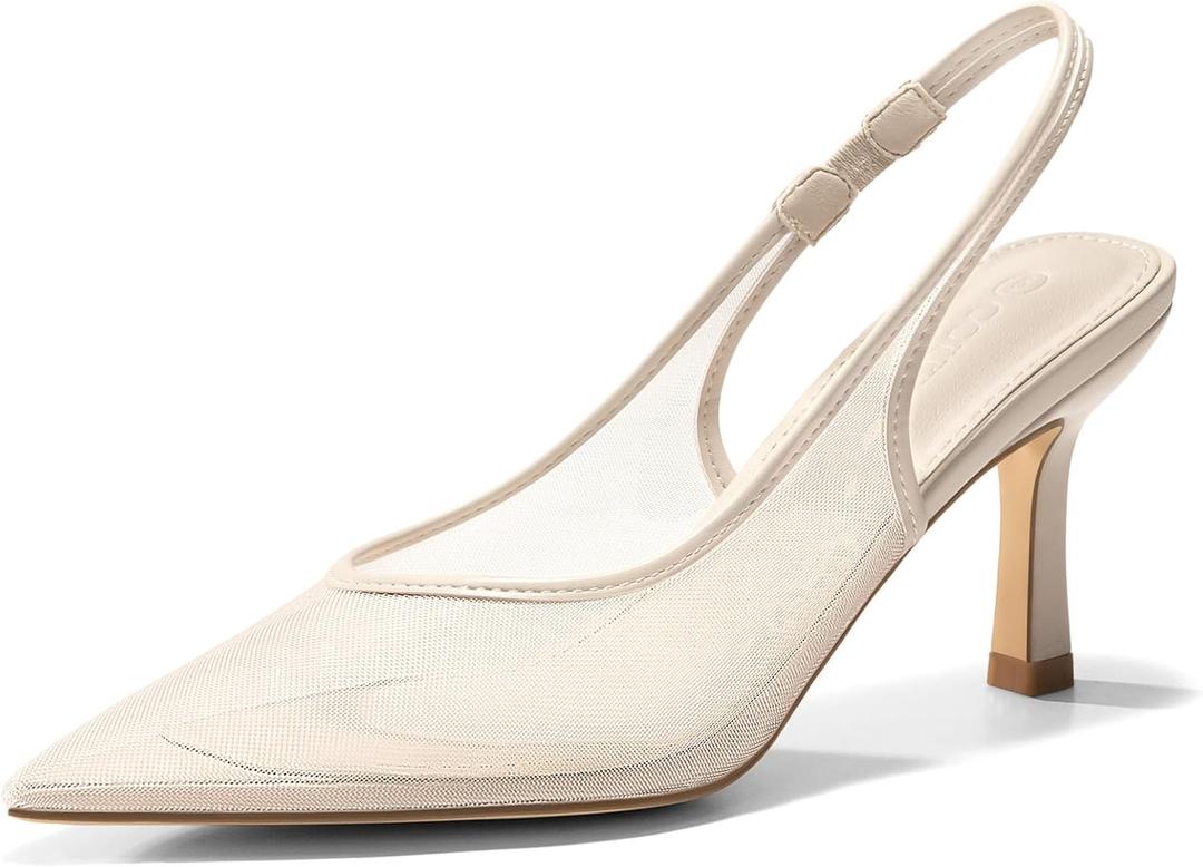 Coutgo Womens Mesh Slingback Kitten Heels Pointed Toe Low Heel Pumps Sexy Dress Shoes (10, Nude)