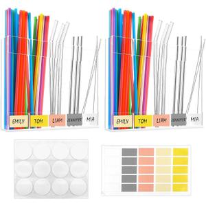 2 Pack Large Acrylic Straw Holder for Cabinet, Straw Organizer with 12 Double-sided Tape and 25 Colorful Labels, Glass Straw Storage for Kitchen Cabinets,Reusable Straw Dispenser for Counter.