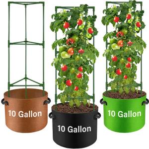 Suntee 3 Pack Tomato Cage with 10 Gallon Grow Bags, 48 Inch Tomato Cages for Garden Patio Balcony, Adjustable Height Tomatoes Plant Support for Climbing Vegetables Plants Flowers