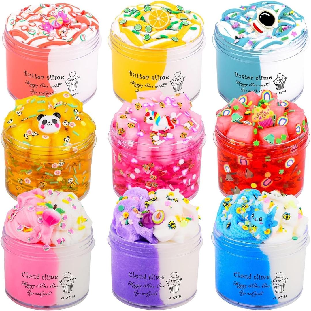 9 Pack Axolotl Slime Kit, with 3 Jelly Cube Crunchy Slime 3 Cloud Slime 3 Butter Slime, for Girls and Boys Party Favors, Stress Relief Toy for Kids, School Education