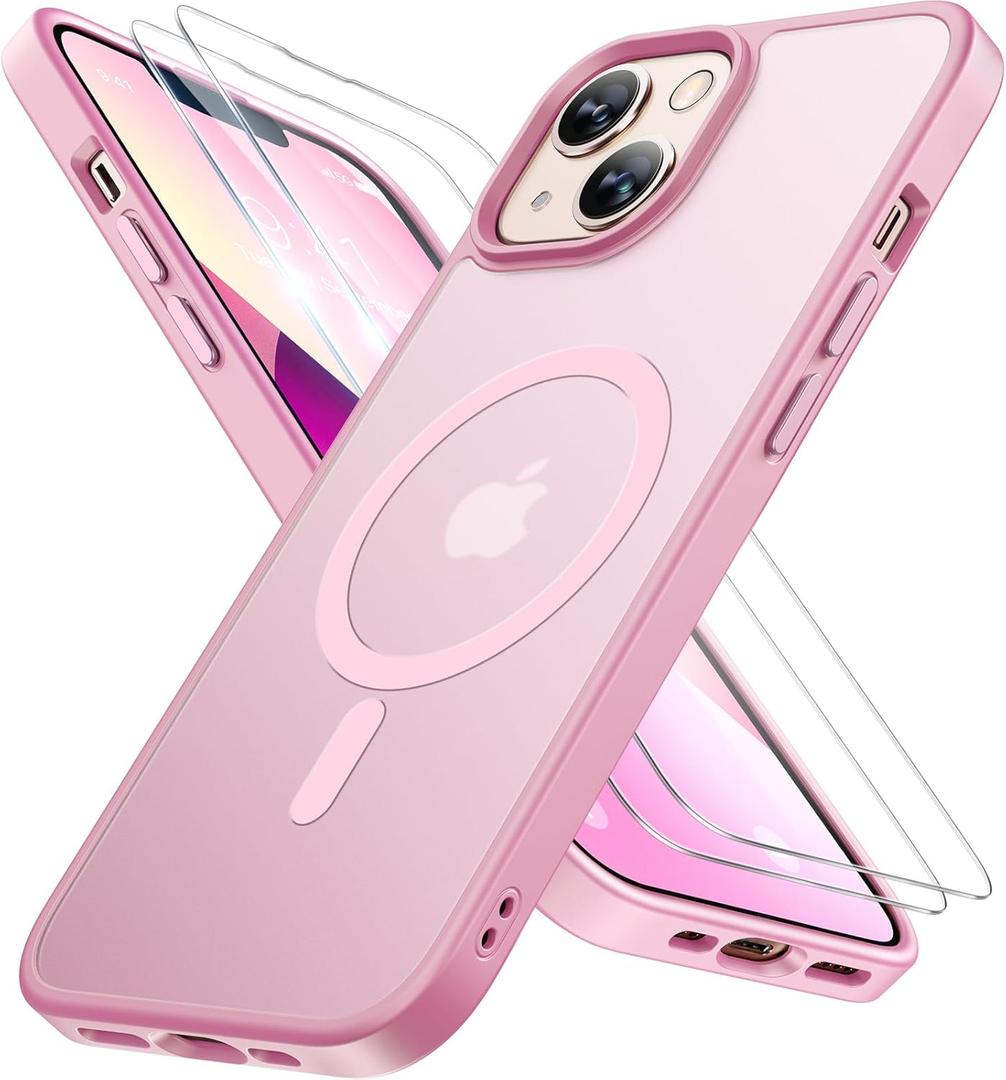 Miracase Magnetic for iPhone 13 Case 6.1 inch (Compatible with MagSafe)with 2X Screen Protectors Military-Grade Protection, Anti-Fingerprint Translucent Matte Phone Case Cover, Mes Pink