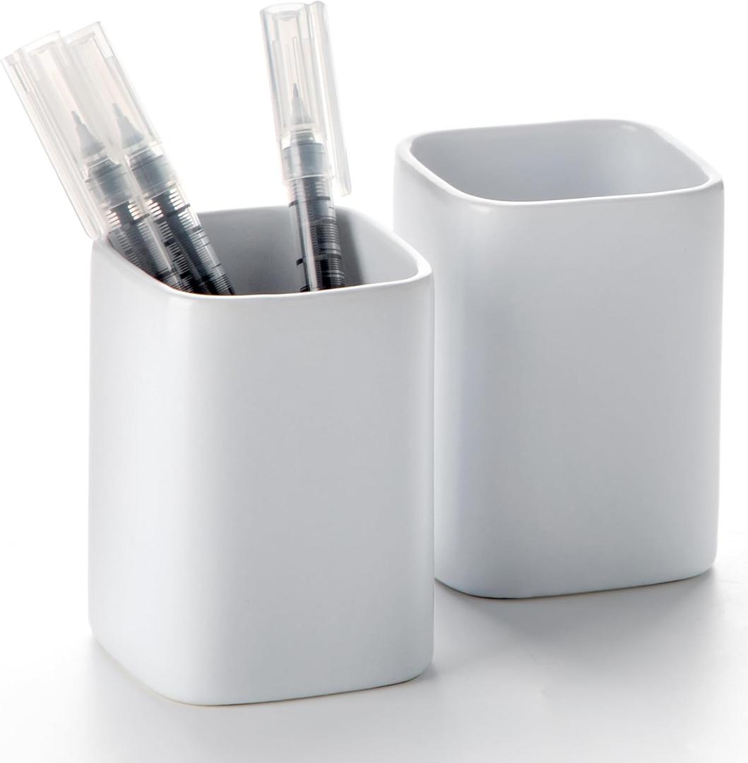 Pen Holder, 2 Pack Pencil Holder for Desk,Ceramic Pencil Cup Desk Organizer, Makeup Brush Holder Cute, Stationery Accessories for Office, School, Home (Matte white)