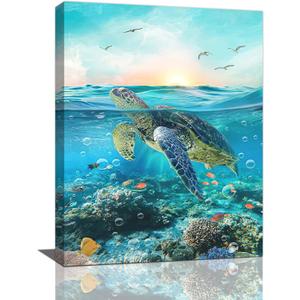 Sea Turtle Wall Art Marine Theme Ocean Pictures Wall Decor Colorful Fish Coral Beach Canvas Painting Prints Artwork Modern Home Decoration Framed for Living room Bedroom Bathroom Office 16"X20"