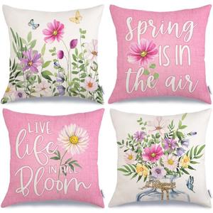 GEEORY Spring Pillow Covers 20x20 Inch Set of 4, Floral Mason Jar Pink Spring is in The Air Live Life in Full Bloom Farmhouse Decorative Throw Pillowcases for Home Sofa Couch Decoration G521-20