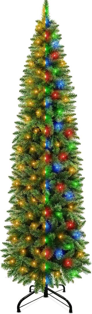 Dual Color Change & Timer 6Ft Prelit Artificial Slim Christmas Tree, 240 Warm White&Colored Lights, 658 Thick Branch Tips, 8 Mode, Fire-Resistant, Metal Stand, UL Plug, Hinged Christmas Xmas Tree Decor