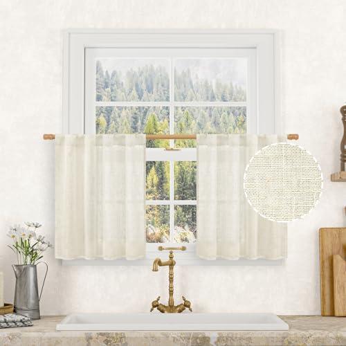 LAMIT Kitchen Semi Sheer Linen Curtains 24 Inch Long, Light Filtering Panels Back Tab and Rod Pocket Neutral Drapes for Cafe/Bathroom/Small Window, Natural, 2 Panels, 34 x 24 Inch