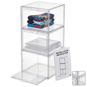 Cutora , 9-Pack Stackable Clear Acrylic Storage Bins with Front Flip Doors, Includes 9 clear storage boxes and a step-by-step assembly manual for easy setup, Length / Depth: 13.5 to 14.2 inches
