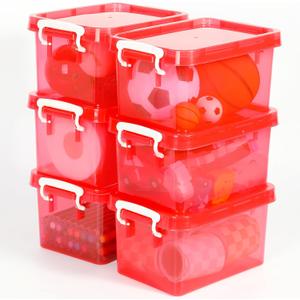 6 Pack 4 Quart Colorful Plastic Storage Bins with Lids Stackable Storage Bins with Latching Lids Handle Clear Colored Storage Organizer Bins for Toy Classroom Home Office Pantry Containers, Red)