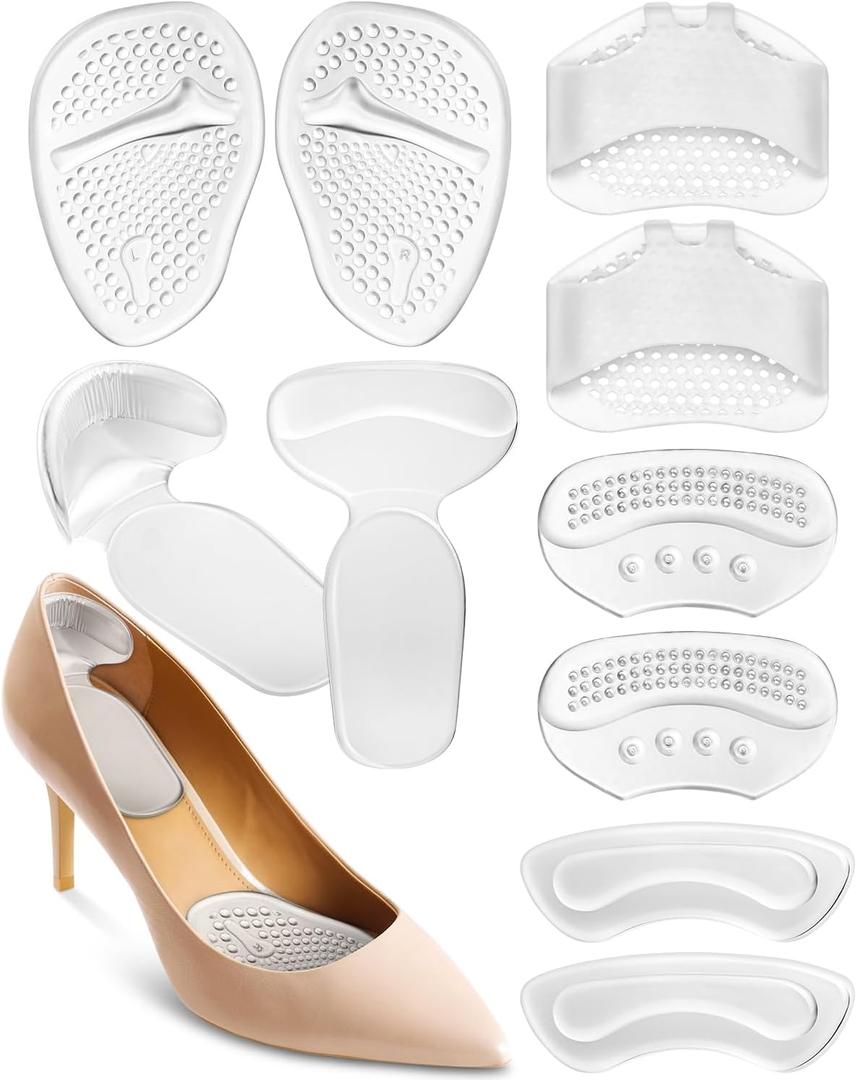 10PCS High Heel Comfort Pad Inserts, Silicone Shoe Cushion Insoles Heel Grips Liner Metatarsal Pads for Women Shoes Too Big, Prevent Rubbing Blisters, Self Adhesive, Clear