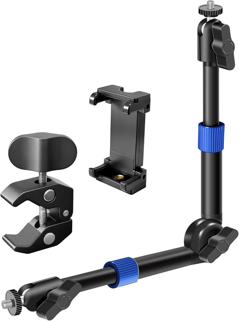 BZE Universal Retractable Magic Arm Clamp 11.8-15 Inch, Webcam Stand1/4" & 3/8" Thread with Phone Mount, Adjustable Camera Arm for Camera Lighting Mounting, Webcam, Action Camera, Smartphone (Blue)