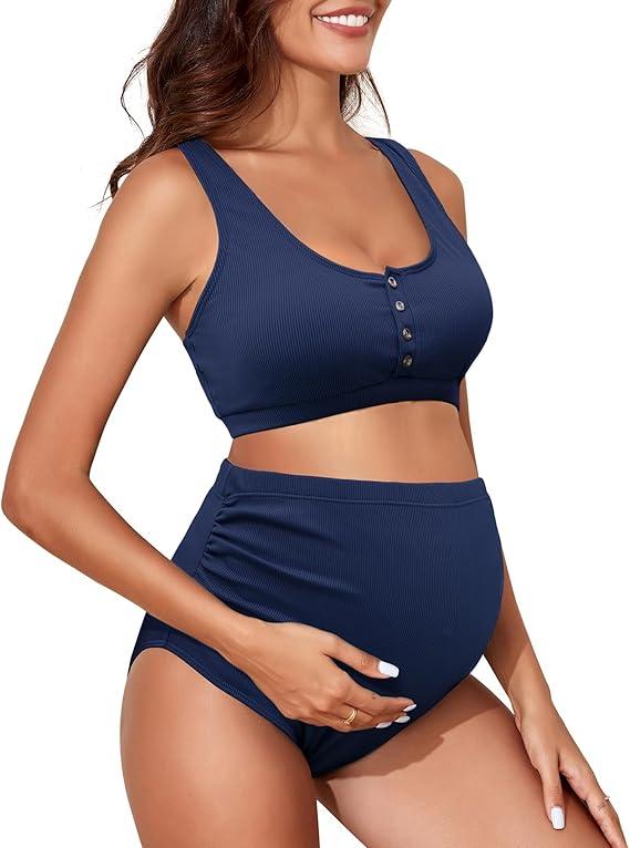 Century Star Maternity Swimsuit High Waist Ribbed Two Piece Bikini Set Bathing Suit for Women Pregnancy Swimwear Blue Medium