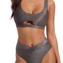 SUUKSESS Women Cutout Color Block Bikini Sets Sexy High Cut 2 Piece Bathing Suit, Large