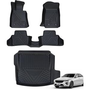 Automotive Floor Mats & Cargo Liner for Cadillac CT4 2020-2023 2024 2025, Heavy Duty TPE All Weather Protection Car Floor Mats, 1st & 2nd Row Full Set Rubber Floor Liners, Include CT4-V, Black