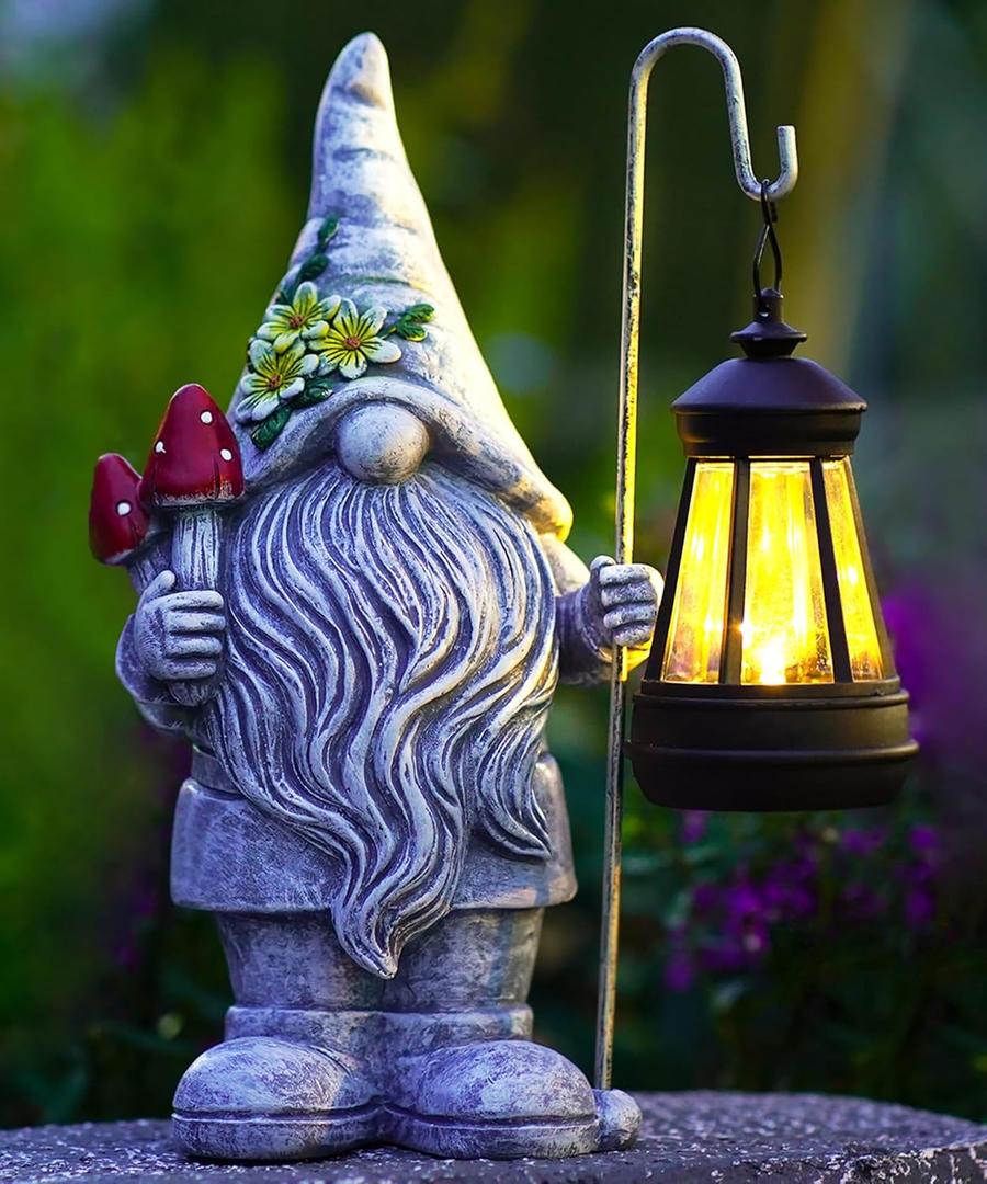 Garden Gnome Statue with Solar Lights Lantern,Outdoor Sculpture Home Decor for Yard Lawn Balcony Patio Porch,Gardening Gifts for Mom Women Grandma