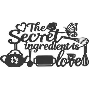 The Secret Ingredient is Love Metal Wall Art Sign, 16.58.5 Inch Farmhouse Kitchen Wall Decor with Heart & Kitchenware Pattern, Rustic Black Quote Sign for Dining Room Cafe Pantry Housewarming Gift Indoor Outdoor Hanging Decor