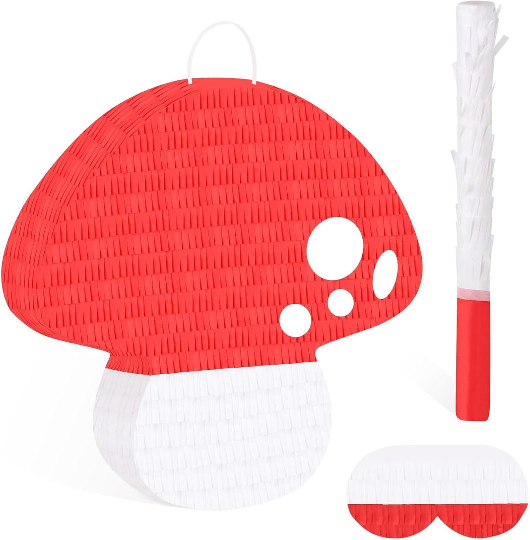 Mushroom Pinata with Stick Blindfold & Hanging Loop 3D Mushroom Shaped Pinata for Kids Birthday Party Baby Shower