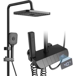 Shower System with Digital Temperature Display, Shower Faucet Set with 12 Inch Rain Shower Head and Handheld Shower Head Fixtures, Wall Mounted Rainfall Shower Fixtures with Piano Keys (12 Inch Black)