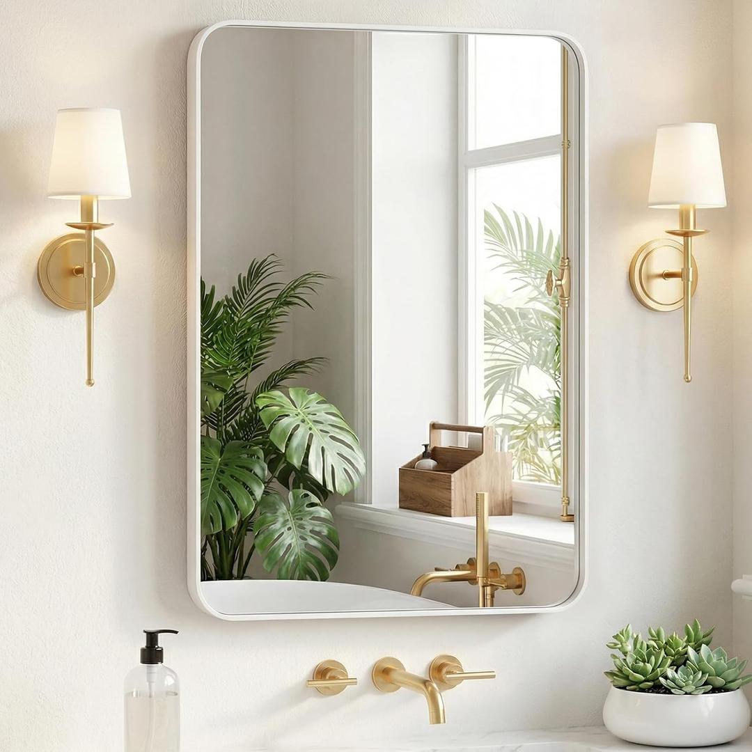 NEWBULIG 24"x36" White Wall Mirror, Bathroom Mirrors for Over Sink, Matte Metal Framed Vanity Mirror with Tempered Glass, Entryway, Living Room, Bedroom