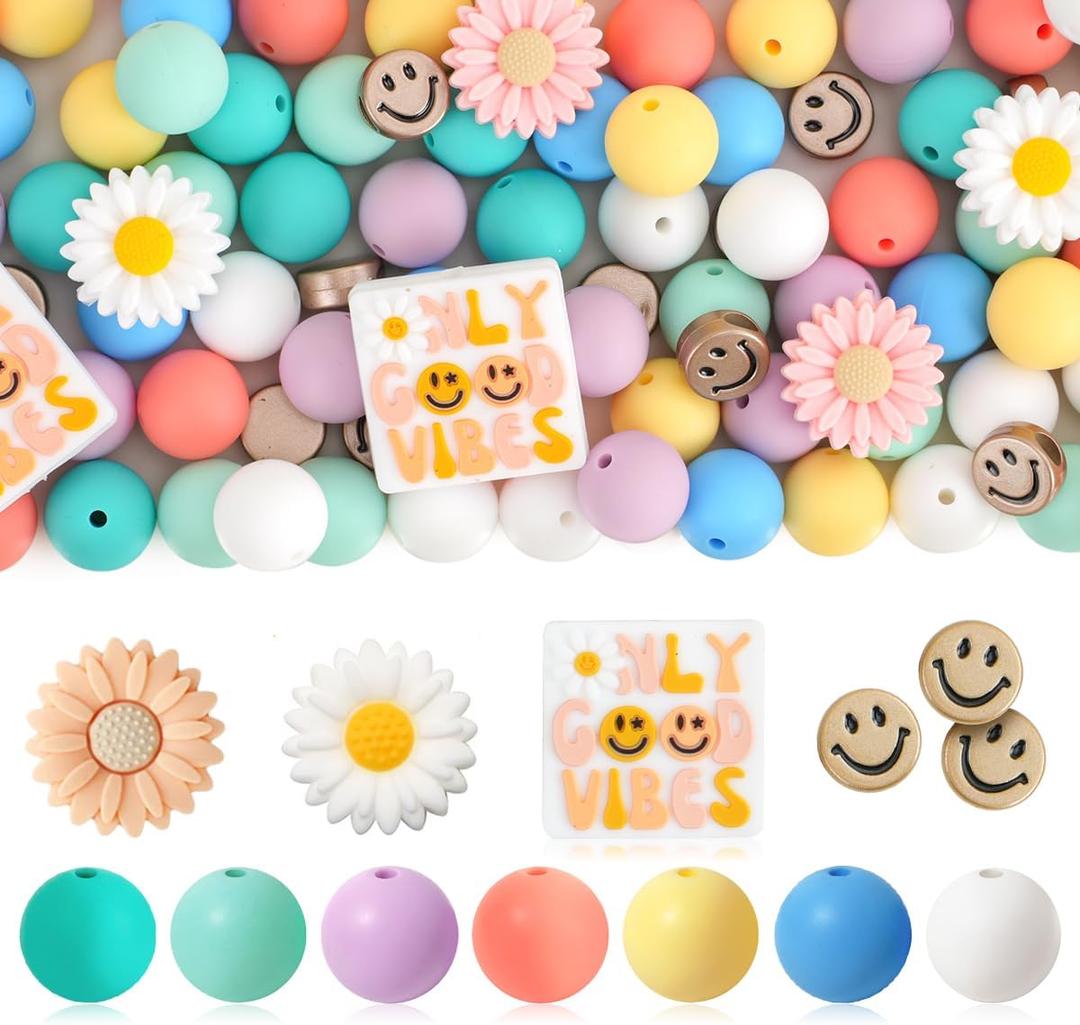Kaciola 108 PCS Smiley Face Silicone Beads for Keychain Making, Flower Shape 15mm Silicone Focal Beads Bulk for Pens Jewelry Crafts DIY