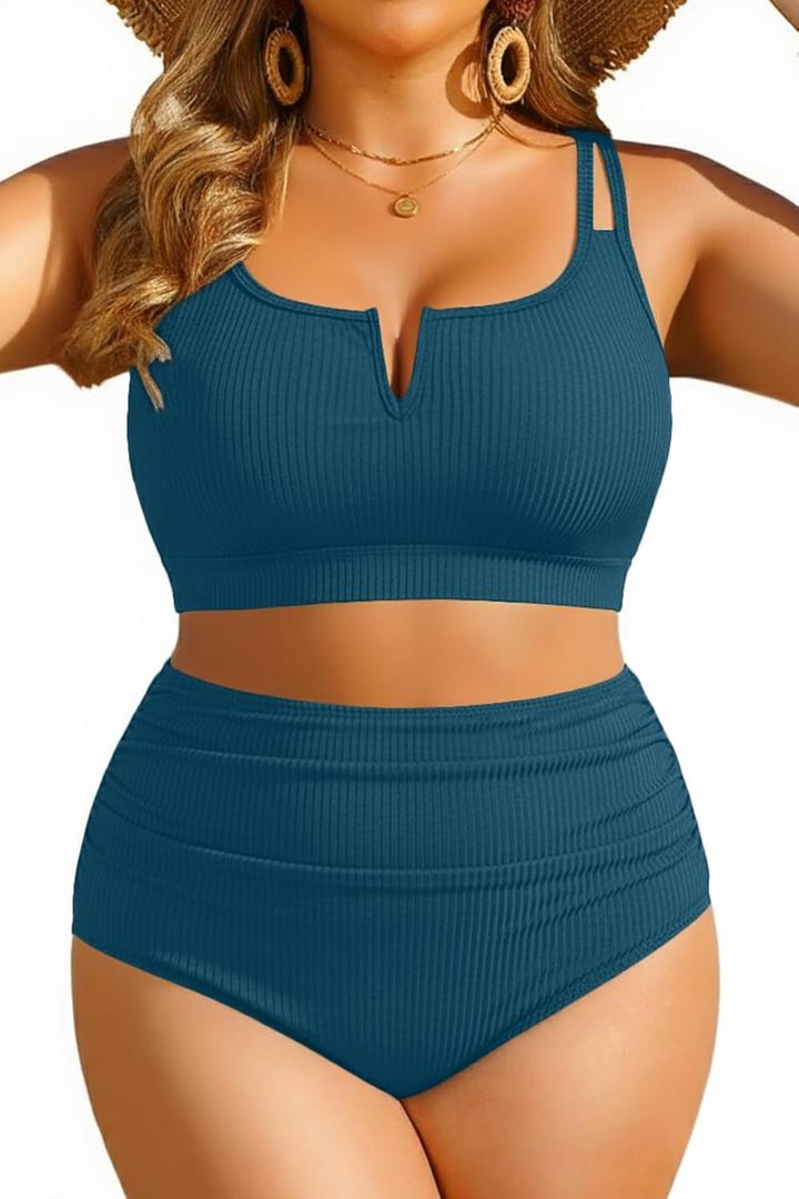 Yonique Women Plus Size High Waisted Bikini - Ribbed Two Piece Swimsuit Tummy Control Bathing Suit V-Wired 2026 Swimwear (Teal)