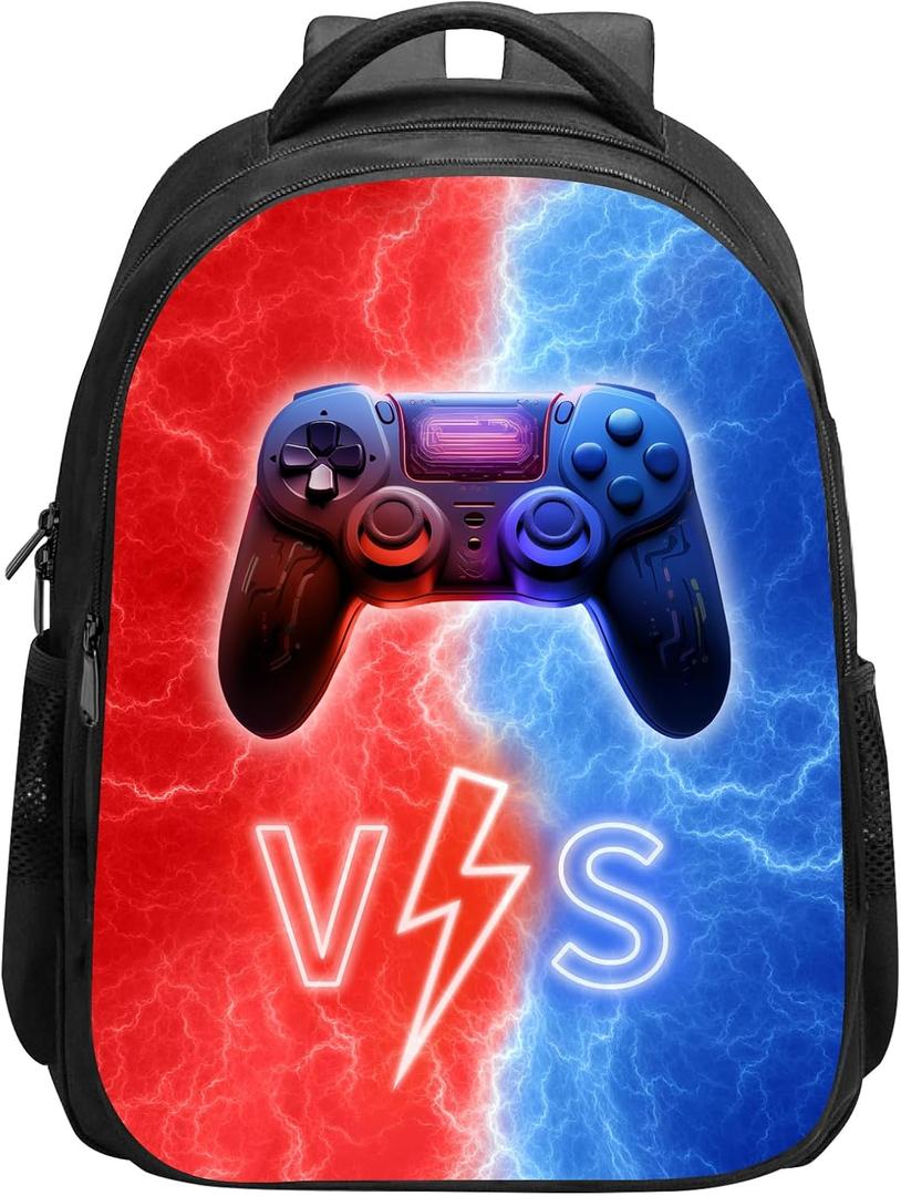 SARA NELL Backpack for Boys Gamer Children's Backpack, Blue and Red Lightning Controller School Backpack for Kids Boys Girls Elementary School, 15.7 Inches Video Game Bookbag Travel Back Pack