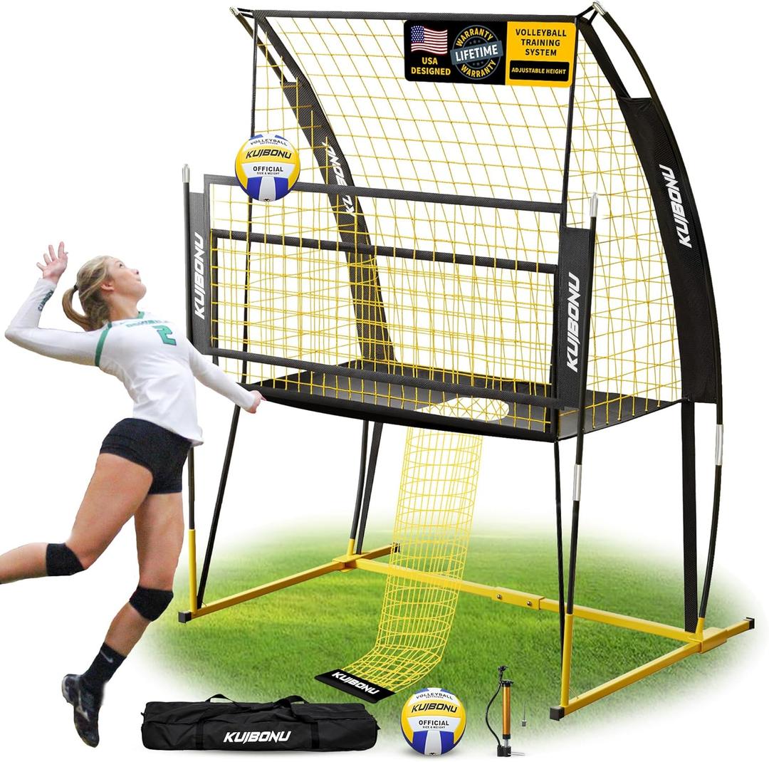 Volleyball Training Net System - Sturdy, Adjustable, and Portable Practice Net | Includes Roller Bag and Volleyball Kit | Ideal for Team or Solo Training (Yellow)