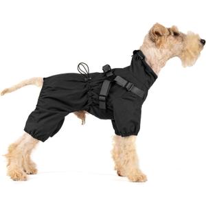 Mile High Life Waterproof Dog Raincoat, Full Coverage Small Dog Rain Coat with Harness, Adjustable 4 Legs Puppy Rain Jacket with Reflective Strip and Elastic Cuffs (Black, M Back Length 14.6")