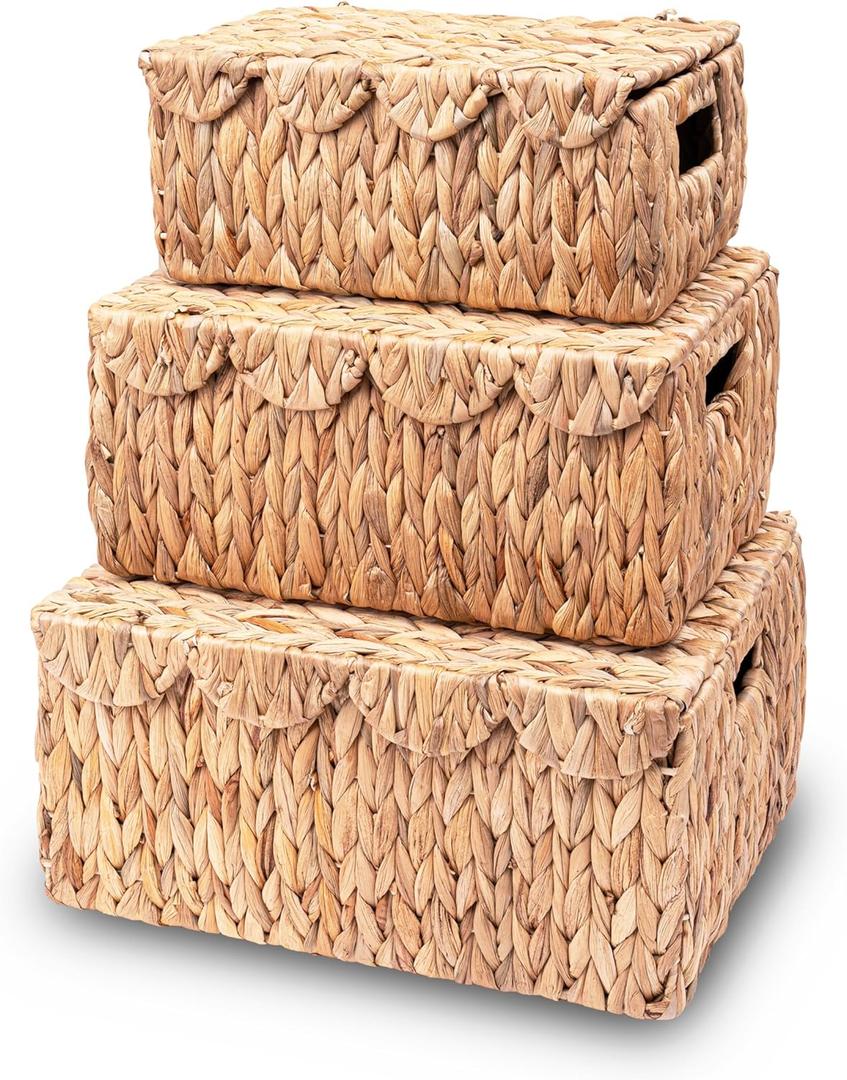 Scalloped Edge Wicker Basket with Lid, Rectangle Wicker Storage Basket with Built-in Handles, Multipurpose Organizer Rattan Display Boxes for Shelf, Nursery Room, Set of 3