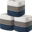 UBBCARE Set of 3 Storage Cubes 11 X 10.5 X 10.5 in, Water Hyacinth Storage Bins for Shelves, Toys, Book, Storage Baskets with Handles, Cotton Rope Woven Baskets for Organizing, Navy Blue