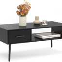 HAIOOU Coffee Table, Mid Century Modern Style Cocktail Table TV Stand with Drawer, Open Storage Shelf, Stable Floor-Anti-Scratching Pine Leg for Home, Office, Living Room - Black