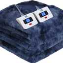 Sealy Electric Heated Blanket Queen Size, Faux Fur & Flannel Fast Heating Blanket with 10 Heat Setting & 112 Hour Auto Shut Off, Machine Washable, Navy Blue, 84 x 90 Inch
